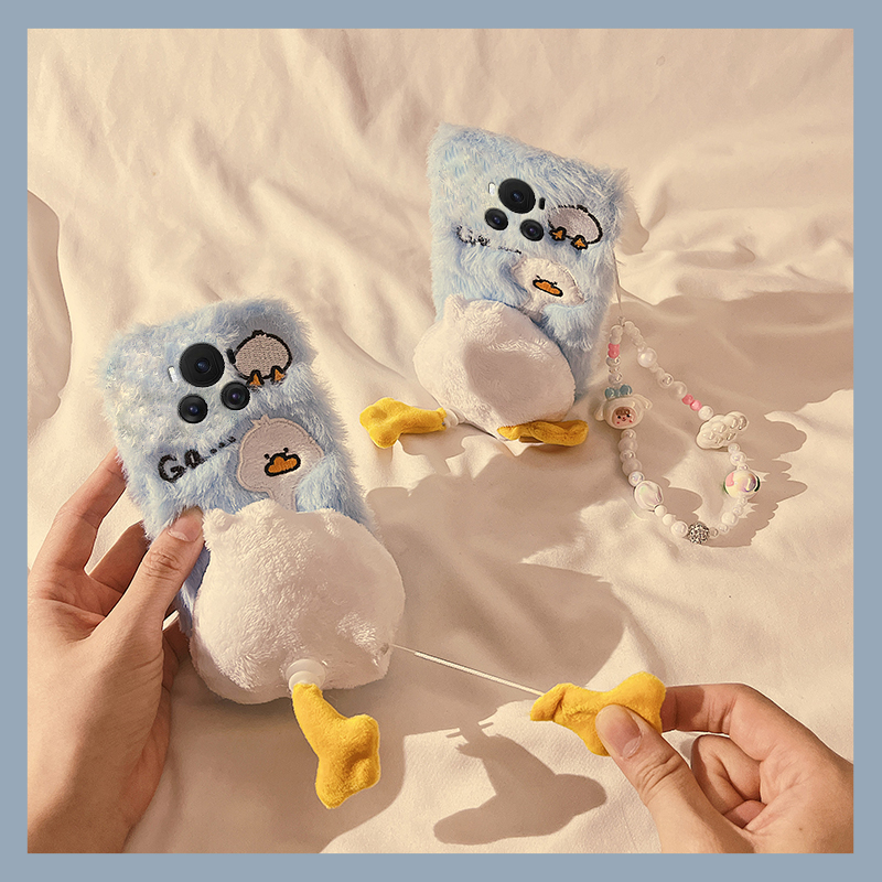 手机壳秋冬毛绒刺绣鸭子立体屁股旋转带手绳