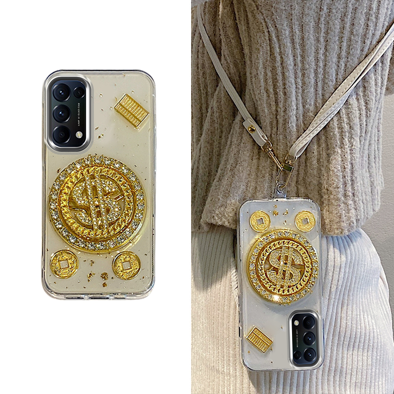 手机壳滴胶新年立体元宝旋转美金带斜跨挂绳