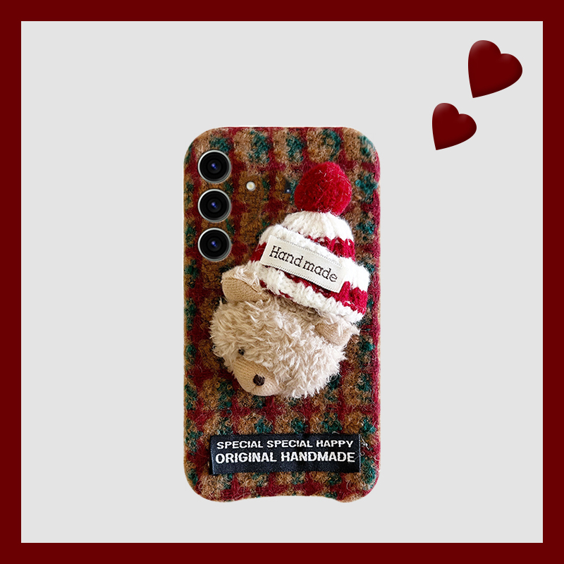 手机壳秋冬绒布红色条纹立体卡通毛绒小熊