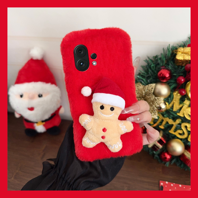 手机壳秋冬毛绒红色卡通圣诞帽子姜饼人