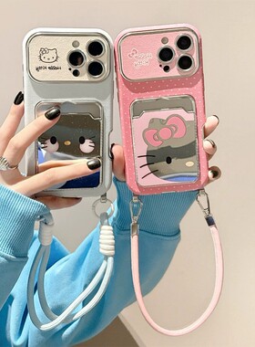卡通kt猫卡包适用opporeno14手机壳reno13可爱reon12凯蒂猫11带a58x挂绳a57镜面真我q5i插卡v23仿皮oppo皮纹p