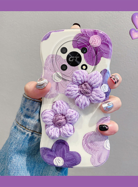 ins风紫色油画花朵适用华为荣耀x40gt手机壳x30i秋冬30pro+毛绒x20se针织x10带9x爱心v20手环v30女30s十honor
