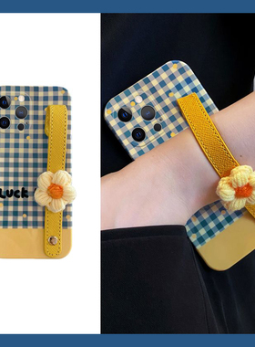 ins风适用苹果16e手机壳iPhone15promax蓝色14格纹13立体11针织12花朵8plus腕带7p手绳6s新款xsmax八8七x硅胶