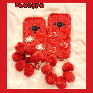 红色kt猫适用华为mate80promax手机壳mete80gts秋冬70air毛绒60rs非凡大师50e带40pro 挂链十huawei卡通立体p