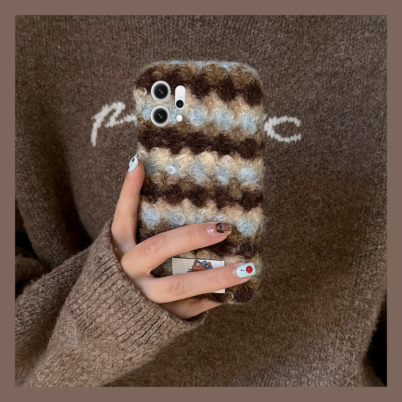 手机壳秋冬毛绒绒布蓝棕纹条纹卡通KT猫贴纸