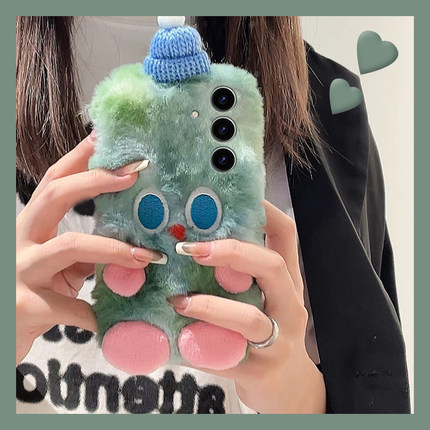 适用三星s23ultra手机壳s24plus毛绒款s21秋冬s10+小怪兽s22立体s20刺绣note10绿色s9冬天的s23fe/s8十noto20