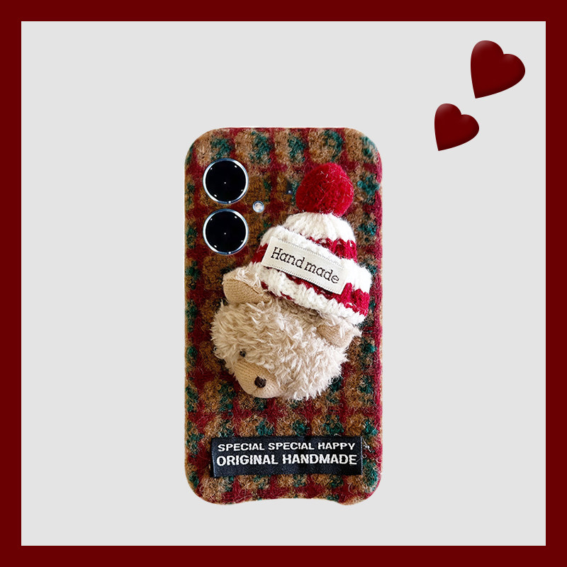 手机壳秋冬绒布红色条纹立体卡通毛绒小熊