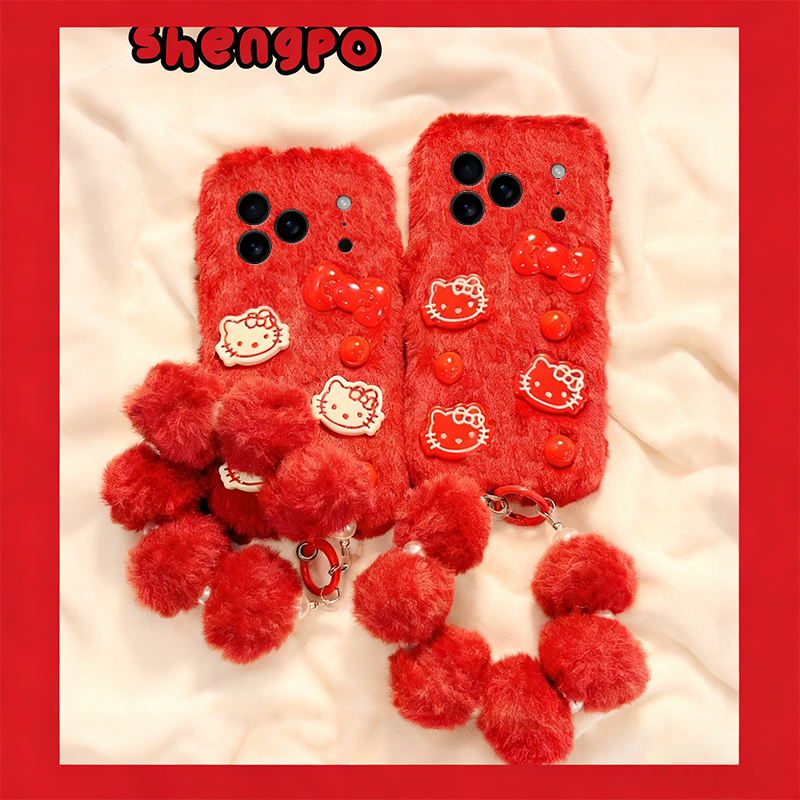 手机壳秋冬毛绒红色立体卡通KT猫凯蒂猫手链