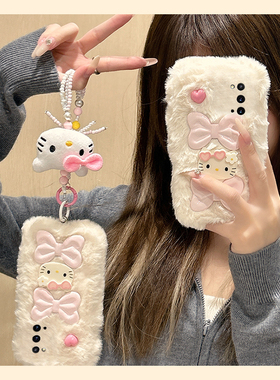 毛茸茸kt猫适用三星a53手机壳f52秋冬a8s毛绒a71卡通a51可爱a31带a90a80a60挂链a50s凯蒂猫a70s毛毛a30a20女p