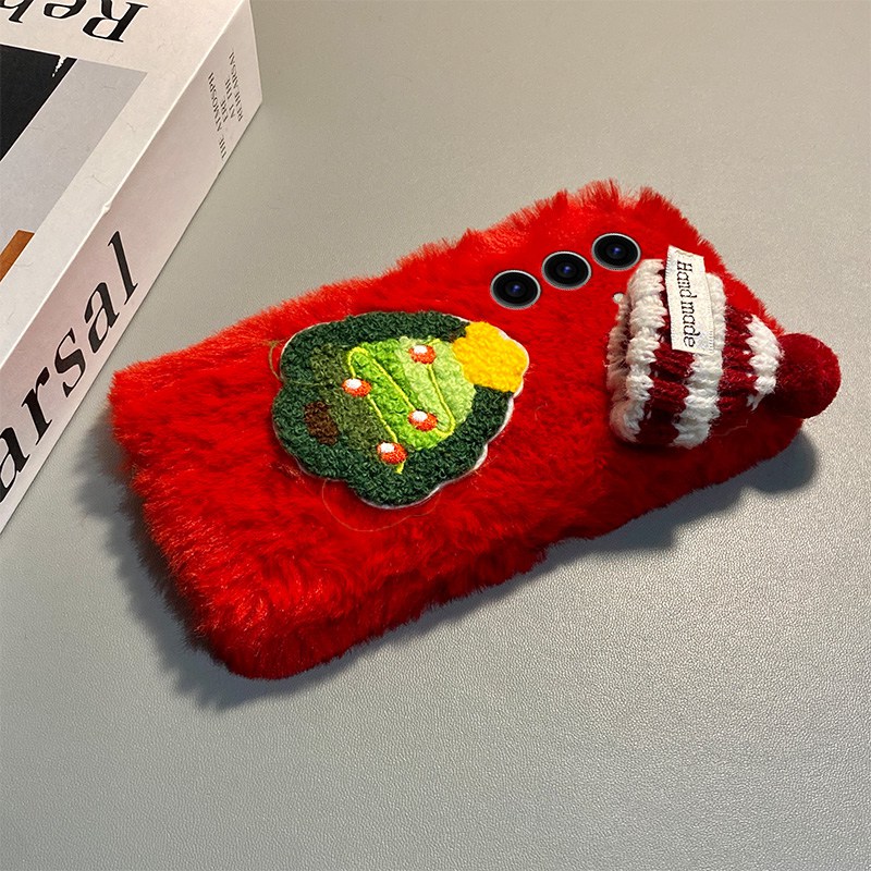 手机壳秋冬毛绒红色圣诞树帽子