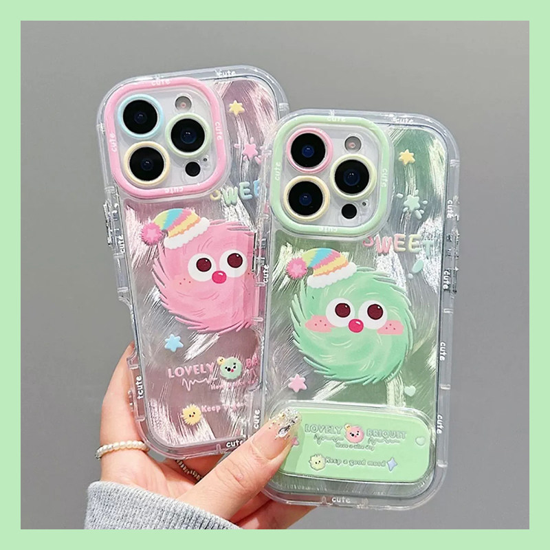 手机壳硅胶羽纱卡通趣味煤球带镜子支架