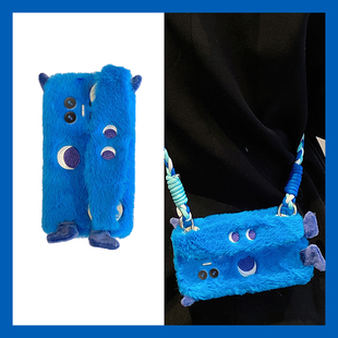 毛绒小怪兽适用华为purax手机壳pocket2腕带magicvs3斜挎matex6挂绳novaflip秋冬xs2折叠屏p50pocket卡通v5女