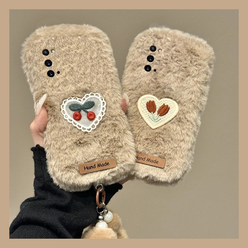 手机壳秋冬毛绒刺绣爱心樱桃郁金香花朵手链