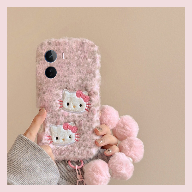 手机壳秋冬毛绒豹纹刺绣KT猫带挂件手链