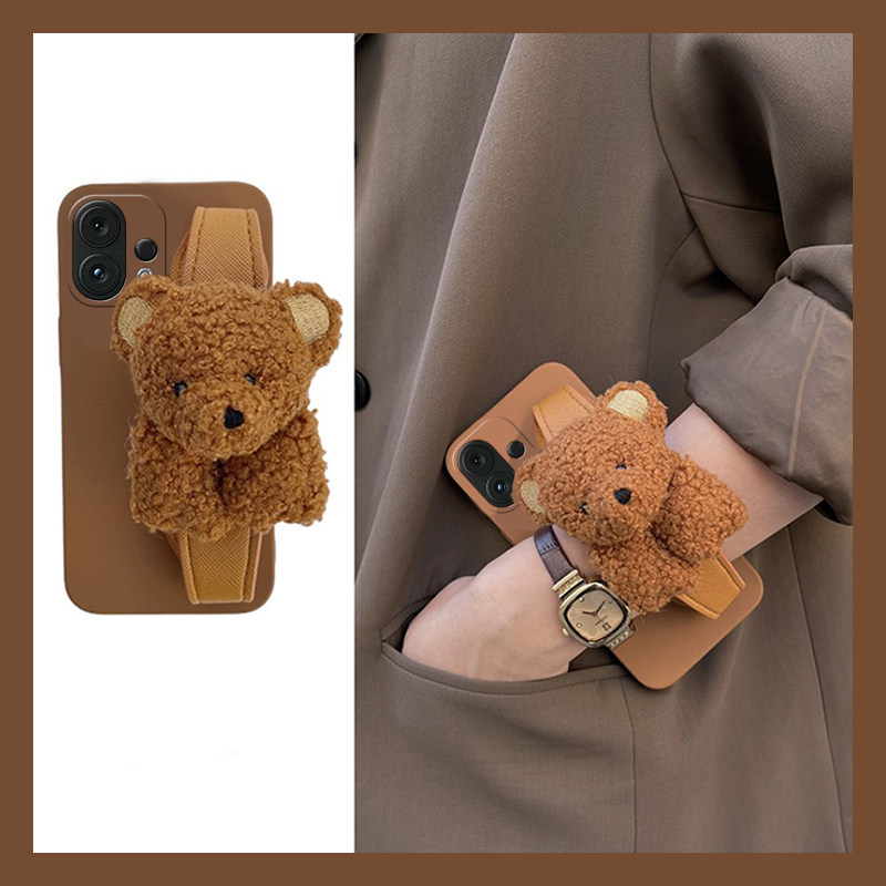 手机壳硅胶立体卡通秋冬毛绒小熊带手腕腕