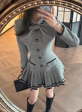 秋冬法式富家千金高级感气质轻奢灰色拼接蝴蝶结收腰短款连衣裙女