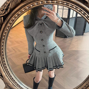 秋冬法式富家千金高级感气质轻奢灰色拼接蝴蝶结收腰短款连衣裙女