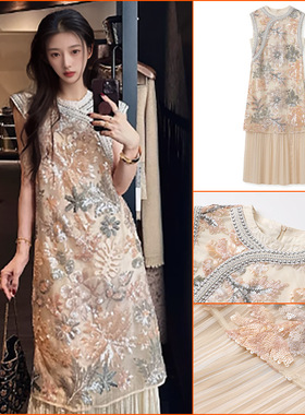 新中式高端重工刺绣改良旗袍长裙夏季新款国风拼接连衣裙女