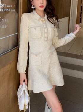 2024秋装名媛千金小香风法式温柔甜美针织翻领长袖连衣裙毛衣短裙