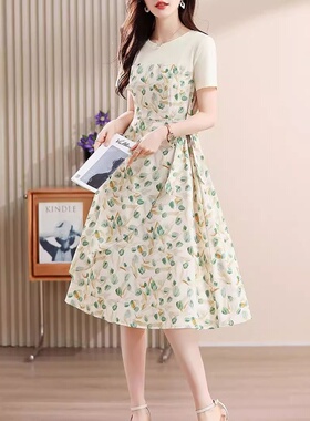 假两件碎花连衣裙女2024夏季新款短袖郁金香印花荷叶边中长款裙子