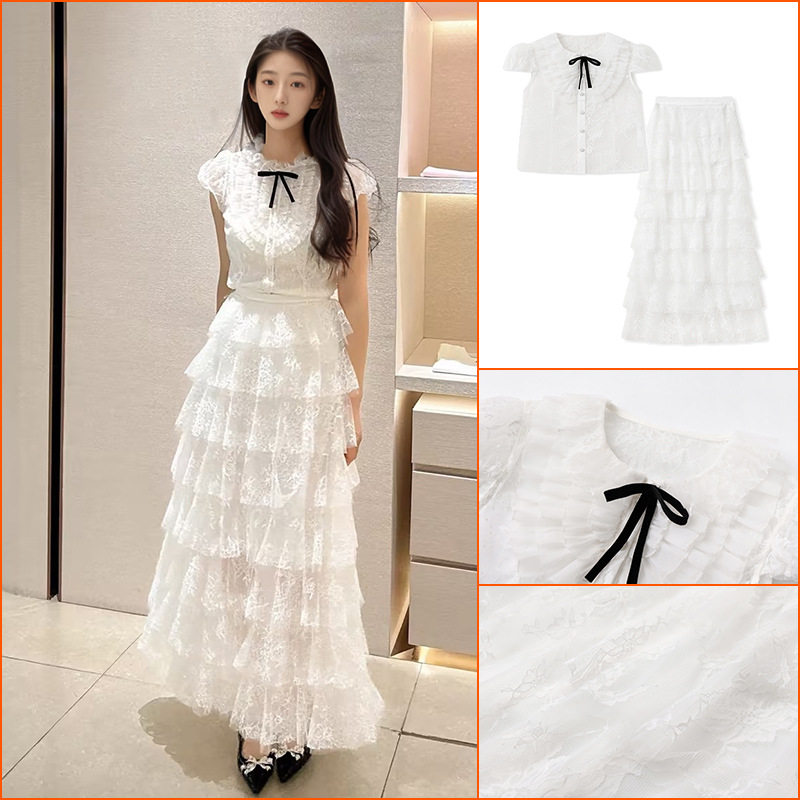 夏季韩系温柔风收腰蛋糕裙女短款时尚休闲蕾丝衬衫半裙套装