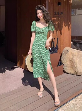 中长款收腰显瘦雪纺碎花开叉连衣裙女夏季新款甜美温柔风初恋裙子