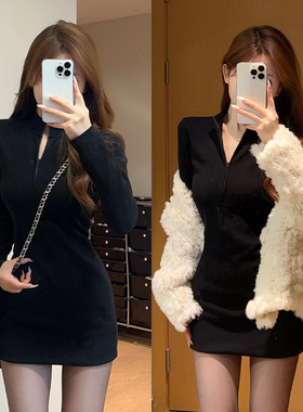 黑色长袖连衣裙2025新款女春秋针织包臀裙气质辣妹修身长袖短裙子