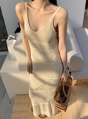 个性小众镂空编织V领针织吊带连衣裙女无袖修身收腰长裙子优雅风