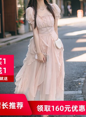 2024新款连衣裙女夏收腰显瘦法式修身气质新中式温柔风甜美长裙