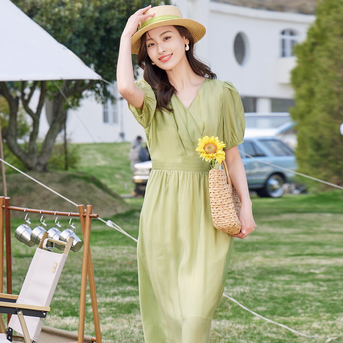 dekashell/迪卡轩气质显瘦雪纺收腰v领中长款连衣裙短袖女裙子夏