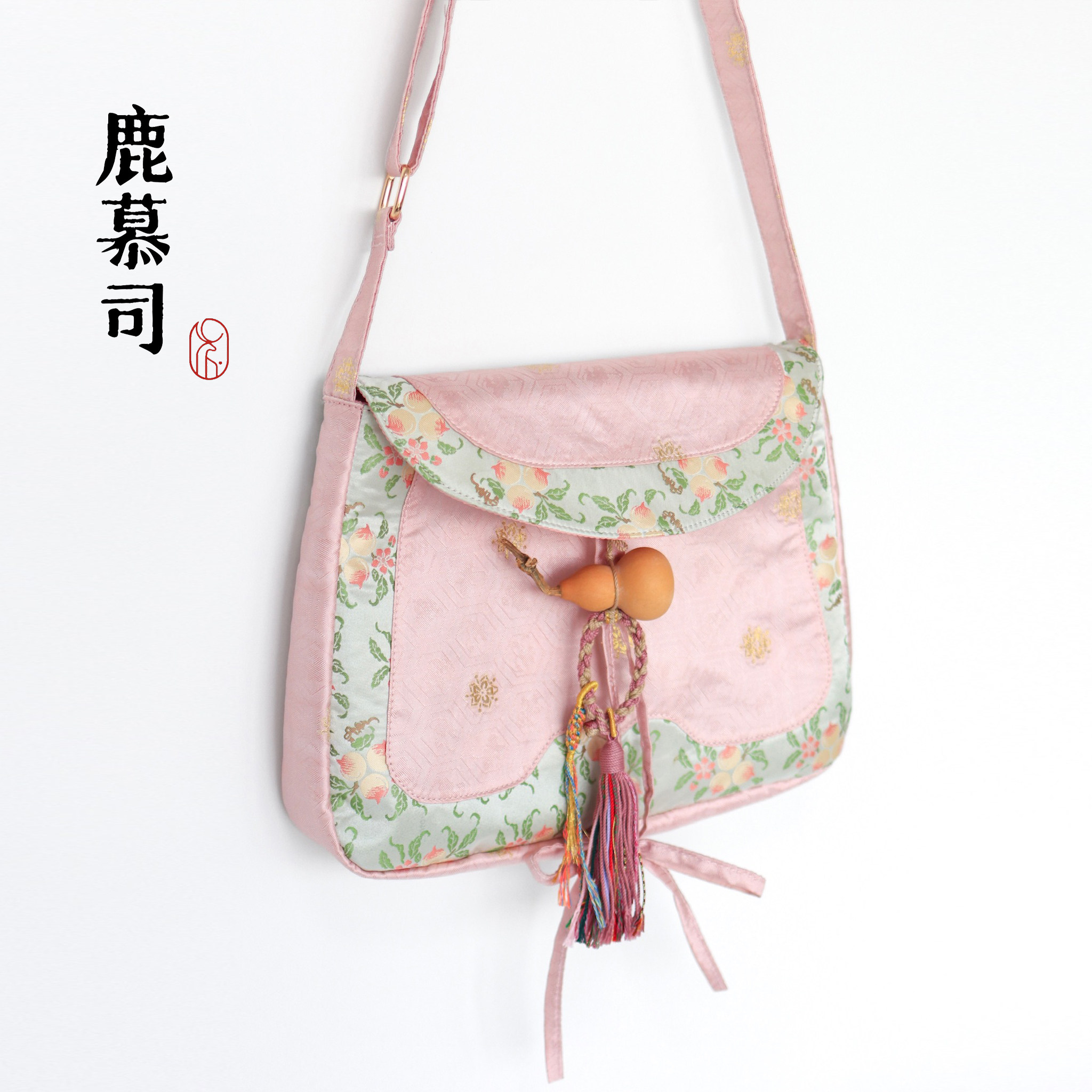原创粉绿色汉服货郎包大容量拼色斜挎布包可调节包带可装13寸电脑