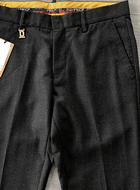 意系鼎奢高及100纯羊毛面料金属铭牌logo修身未扦边西裤男ZK12