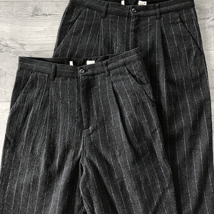 北欧轻奢高及感时装 男 落裆宽松强缩羊毛竖条纹八分休闲裤
