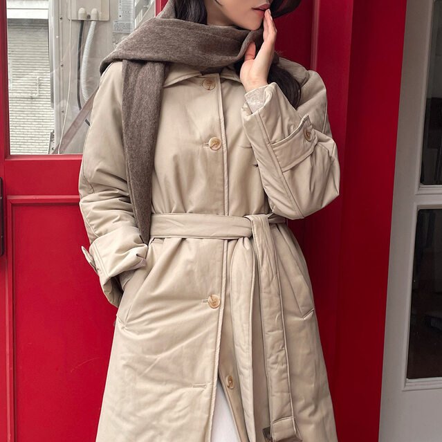 韩国chic 法式经典气质风衣款保暖系带棉服大衣外套