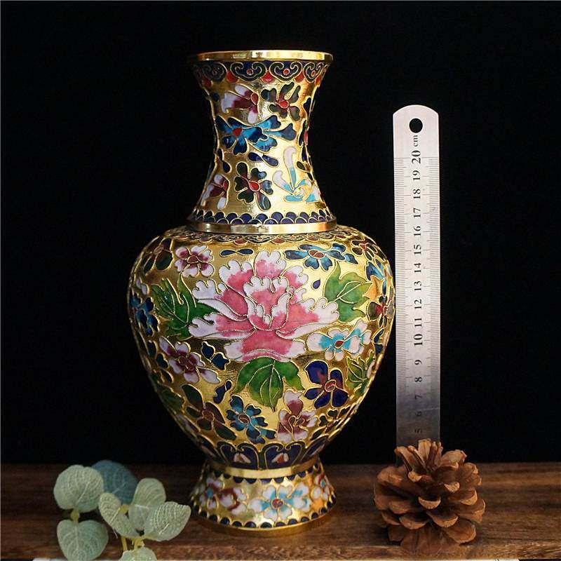老货古风景泰蓝花瓶老瓶铜胎掐丝瓶子摆件装饰品手工艺品