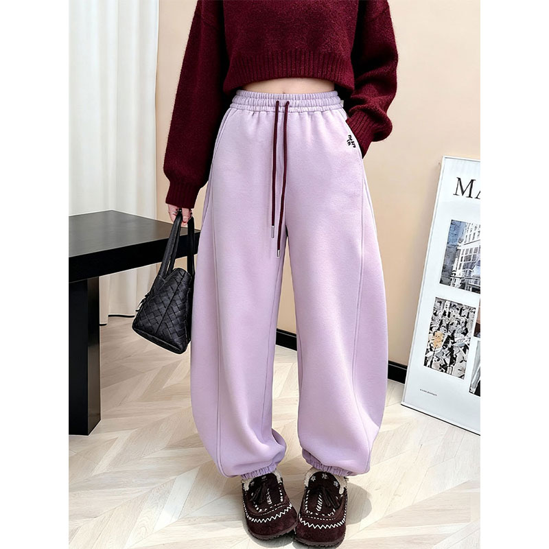 紫色宽松阔腿裤松紧腰休闲裤