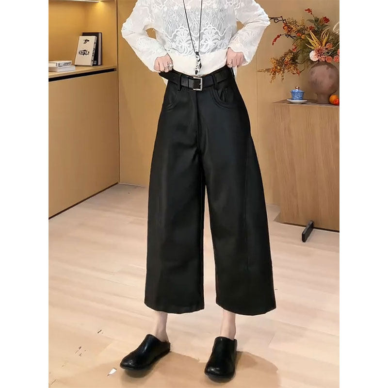 极简风黑色高腰阔腿九分皮裤女2026早春通勤百搭宽松显瘦直筒裤子,女装/女士精品,大码裤装,淘宝优惠券,粉丝福利购,淘宝优惠卷