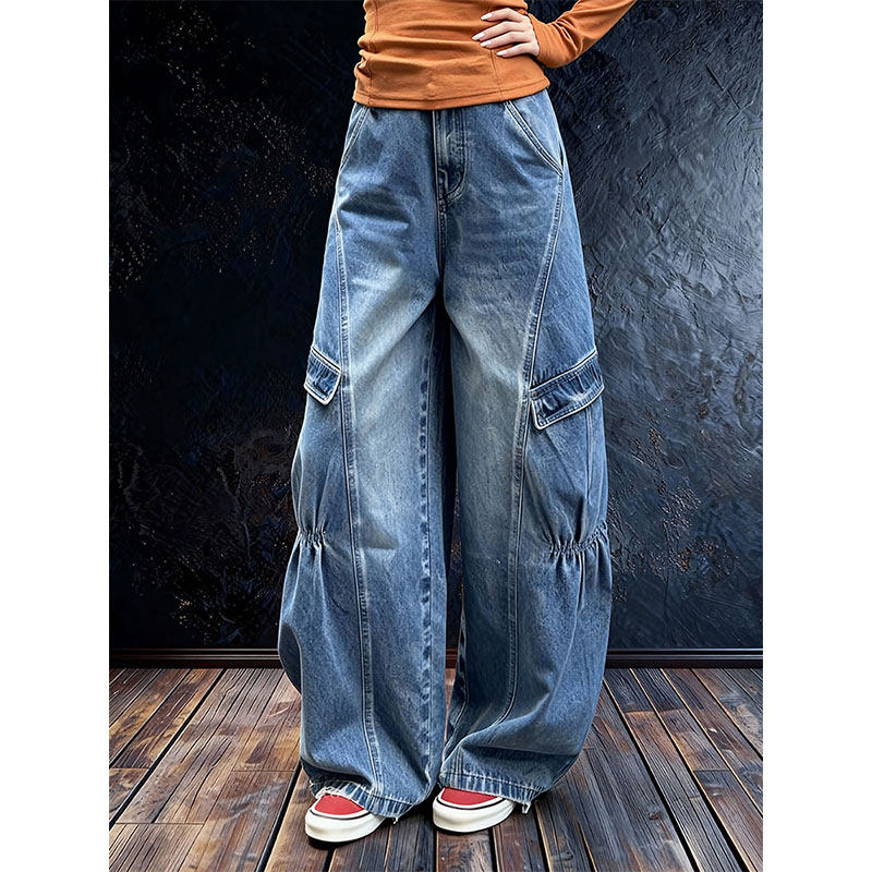 美式复古大口袋工装阔腿牛仔裤女2025冬季新款宽松显瘦百搭拖地裤,女装/女士精品,大码裤装,淘宝优惠券,粉丝福利购,淘宝优惠卷