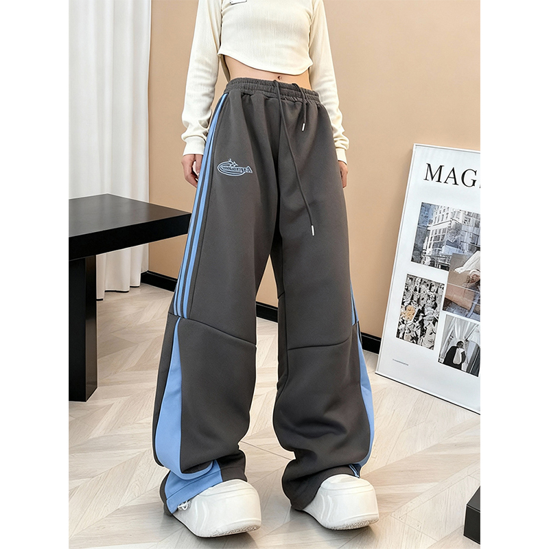 秋冬休闲运动风侧边条纹阔腿裤女