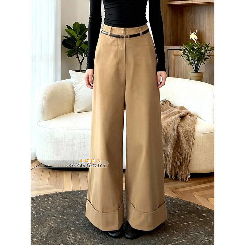 复古极简风卡其色阔腿裤女2026春季新款高腰显瘦直筒裤卷边休闲裤,女装/女士精品,大码裤装,淘宝优惠券,粉丝福利购,淘宝优惠卷