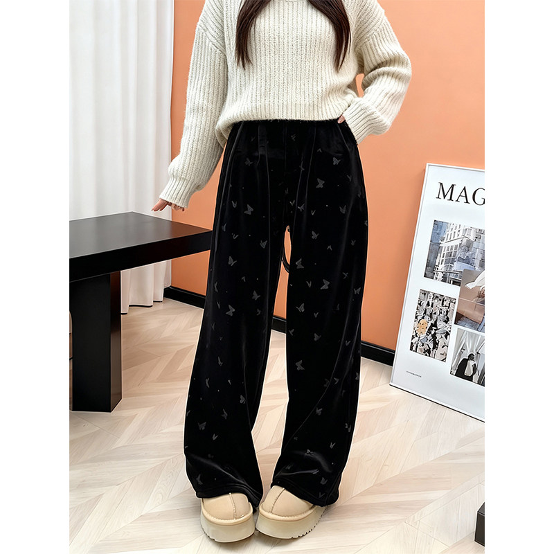 加绒加厚2025秋冬黑色蝴蝶印花阔腿裤高腰垂感显瘦宽松直筒休闲裤,女装/女士精品,大码裤装,淘宝优惠券,粉丝福利购,淘宝优惠卷