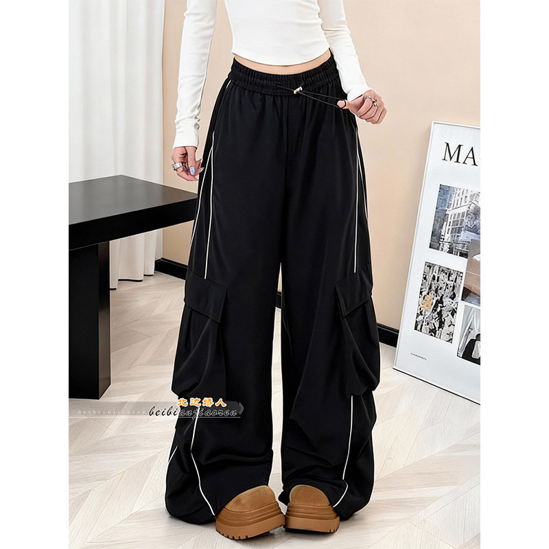 美式工装风黑色反光条阔腿裤女2026春季新款抽绳多口袋直筒运动裤,女装/女士精品,大码裤装,淘宝优惠券,粉丝福利购,淘宝优惠卷