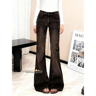 大码美式复古低腰微喇牛仔裤女2026春季新款辣妹风显瘦修身喇叭裤