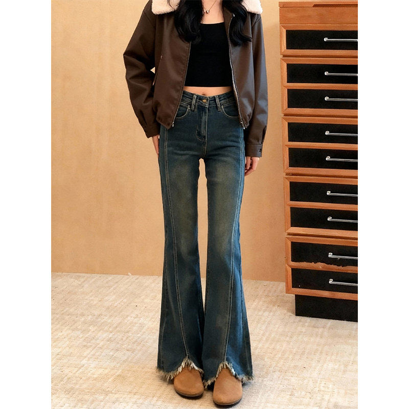 复古高腰微喇牛仔裤女大码显瘦