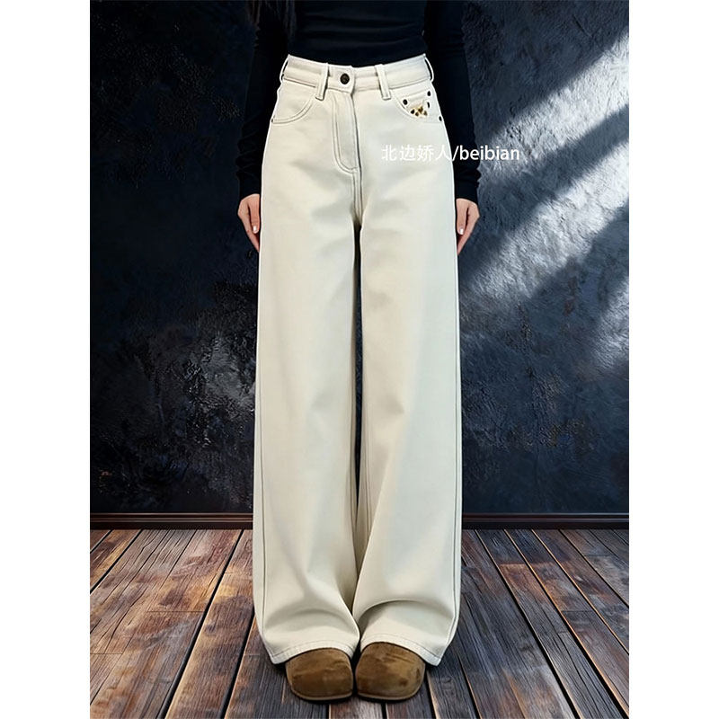 极简风高腰刺绣阔腿牛仔裤女2026早春宽松显瘦通勤百搭垂感休闲裤,女装/女士精品,大码裤装,淘宝优惠券,粉丝福利购,淘宝优惠卷