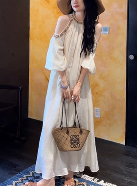 法式钉珠织带露肩挂脖连衣裙女