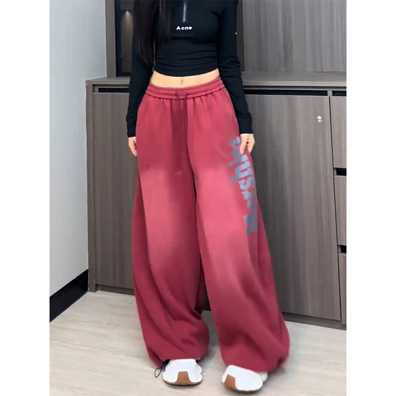 美式复古水洗字母印花阔腿休闲裤