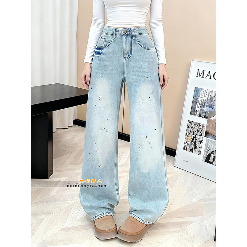 泼墨加绒加厚阔腿牛仔裤女2026春季新款高腰保暖胖mm显瘦直筒长裤,女装/女士精品,大码裤装,淘宝优惠券,粉丝福利购,淘宝优惠卷