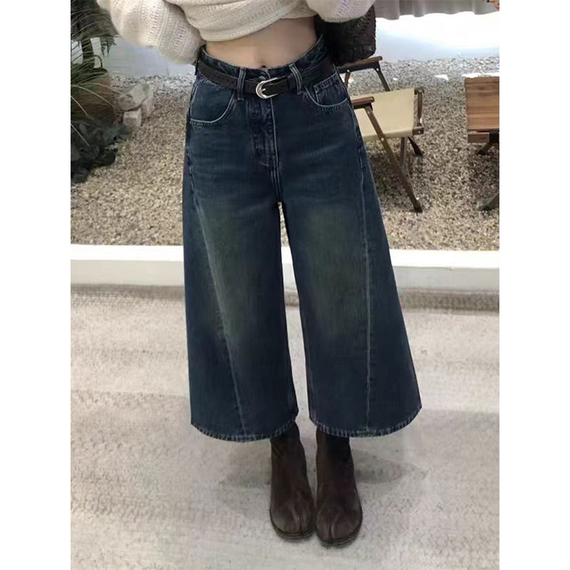 小个子美式复古高腰阔腿牛仔裤女