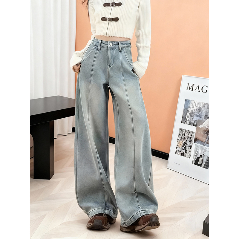 浅蓝色显瘦加绒高腰阔腿牛仔裤女